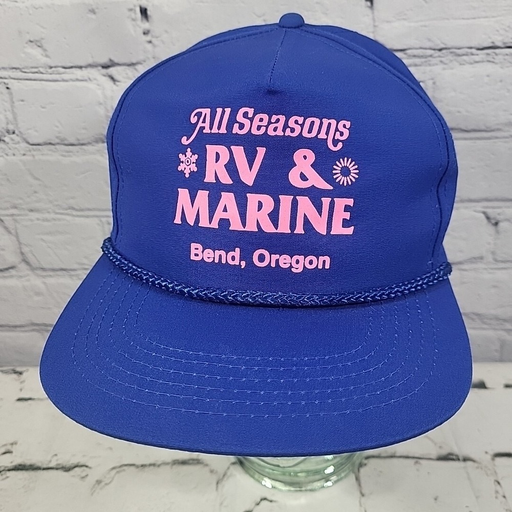 Vintage Trucker Hat All Seasons RV Park Oregon Blue Rope Front Snapback Cap